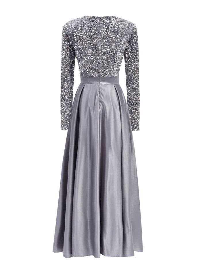 long-sleeve sequin bodice satin maxi dress – SILVÉRA