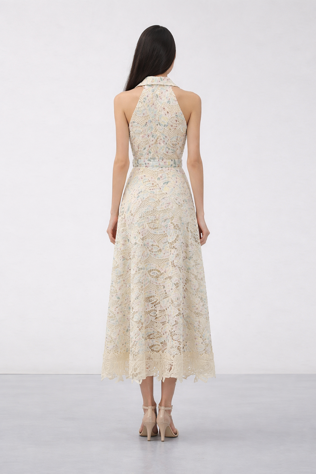 sleeveless lace midi dress with belt detail – ELARA
