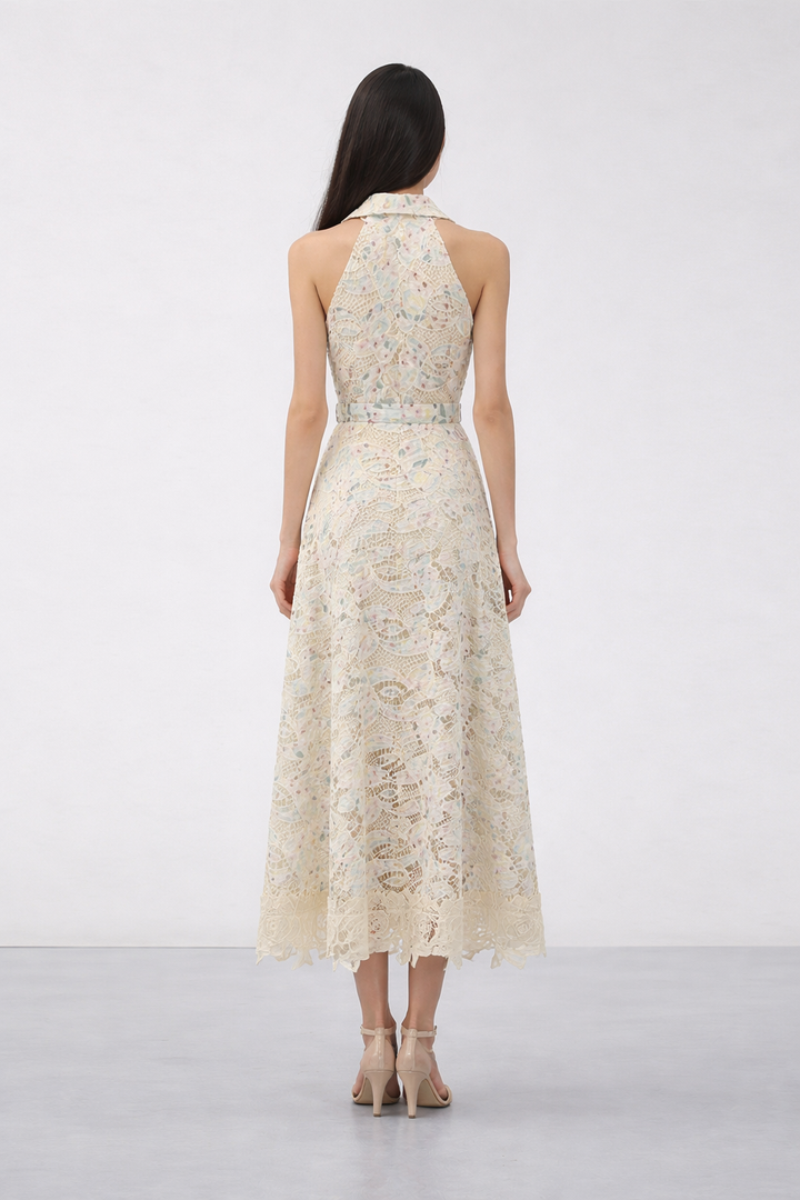 sleeveless lace midi dress with belt detail – ELARA
