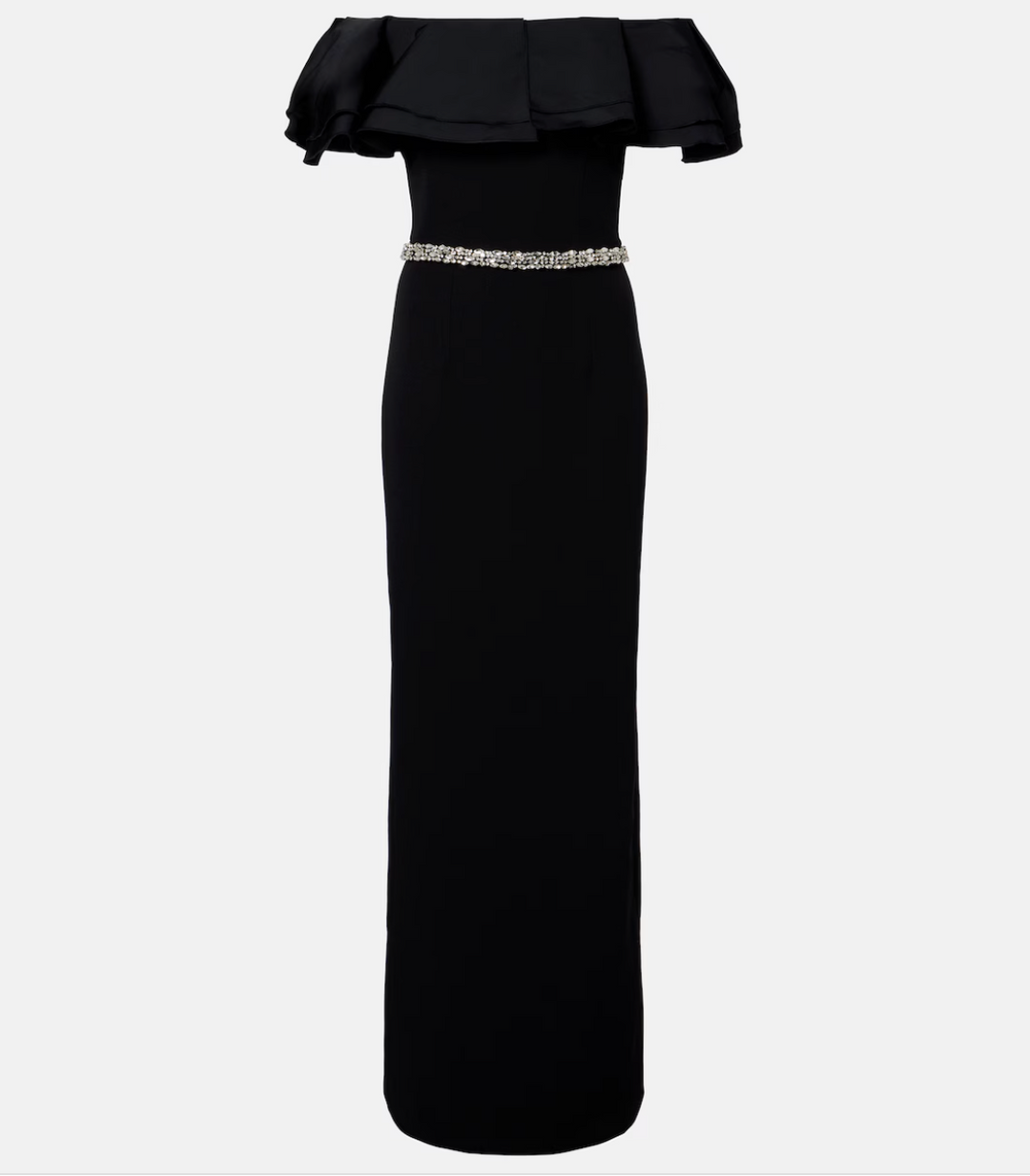 off-shoulder ruffle column dress with crystal waist belt – NOIRIA