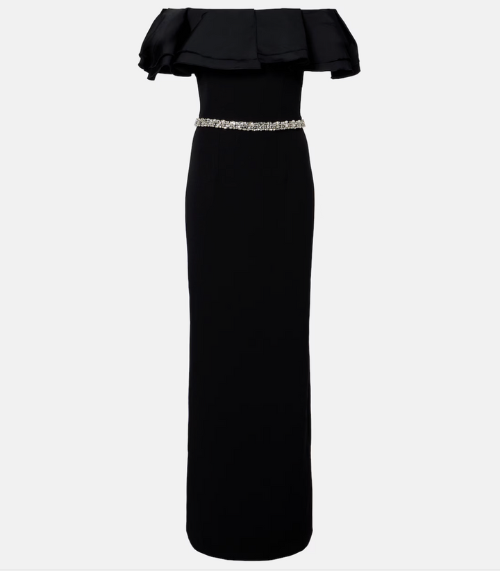 off-shoulder ruffle column dress with crystal waist belt – NOIRIA