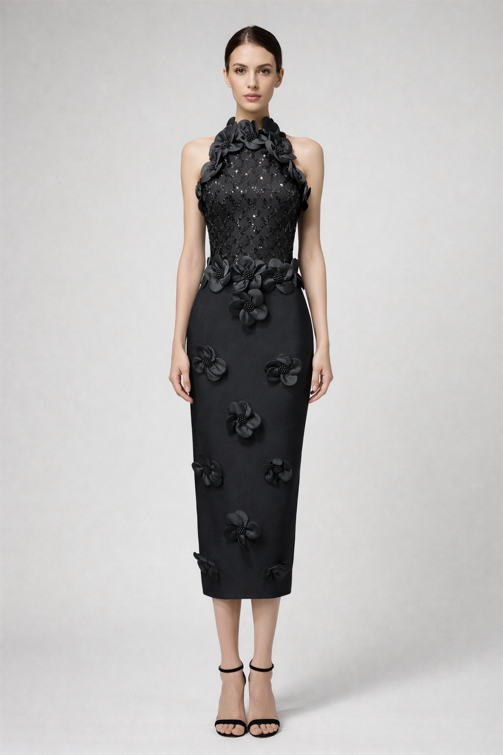 sleeveless fitted midi dress with 3D floral appliqué and sequined bodice – BLOSSOM