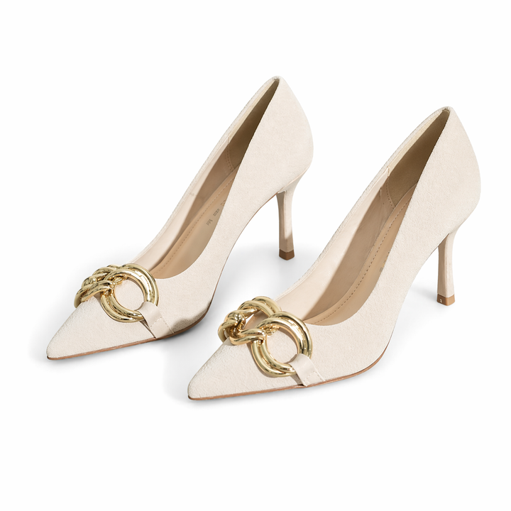 Elegant Black Pointed-Toe High Heels with Gold Chain Detail- CELESTE