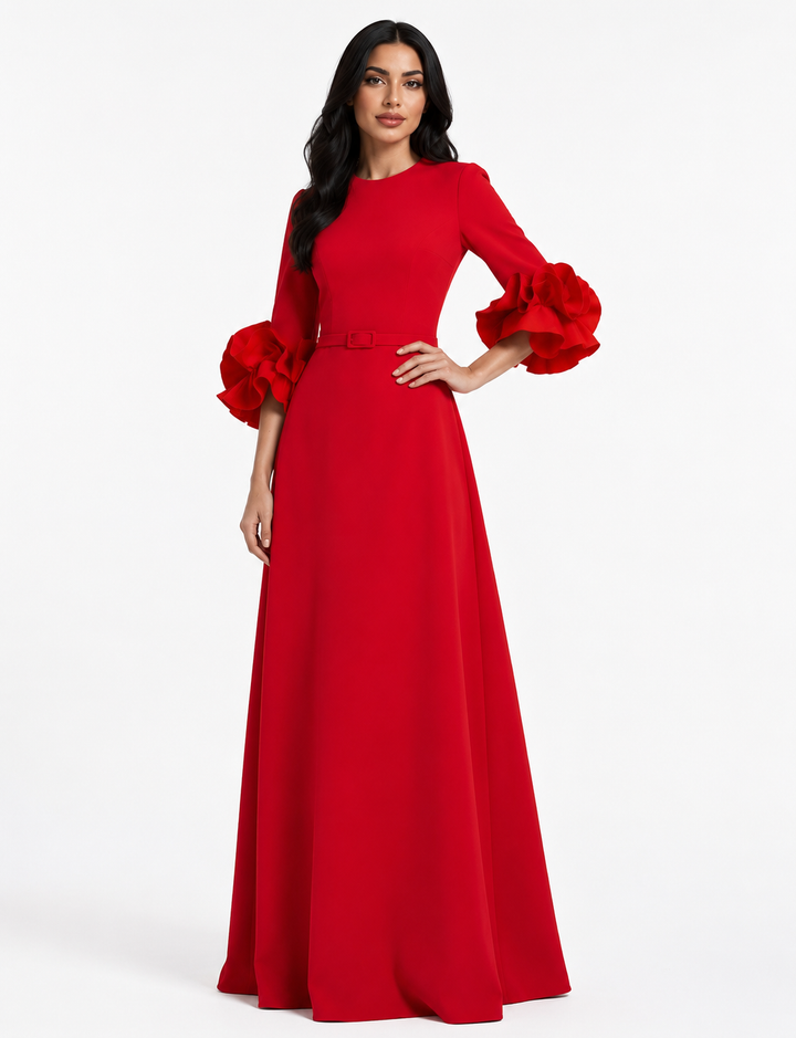 belted maxi dress with organza ruffle cuffs – NAVELLA