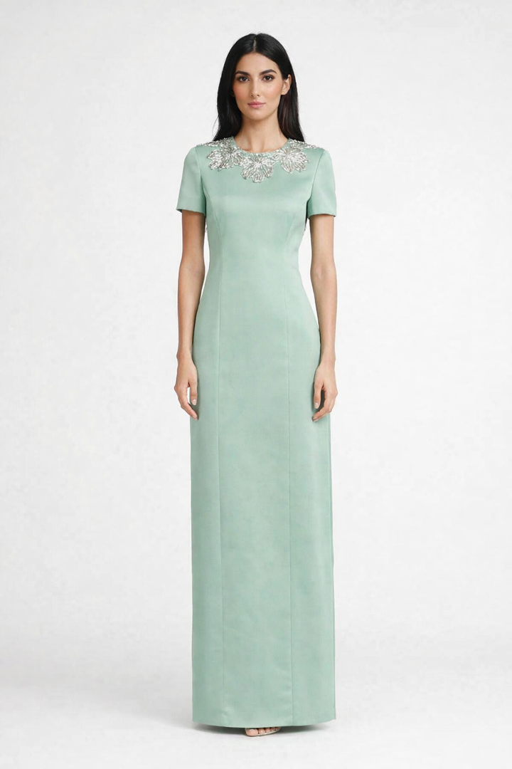 short sleeve column dress with embellished neckline – SAGE