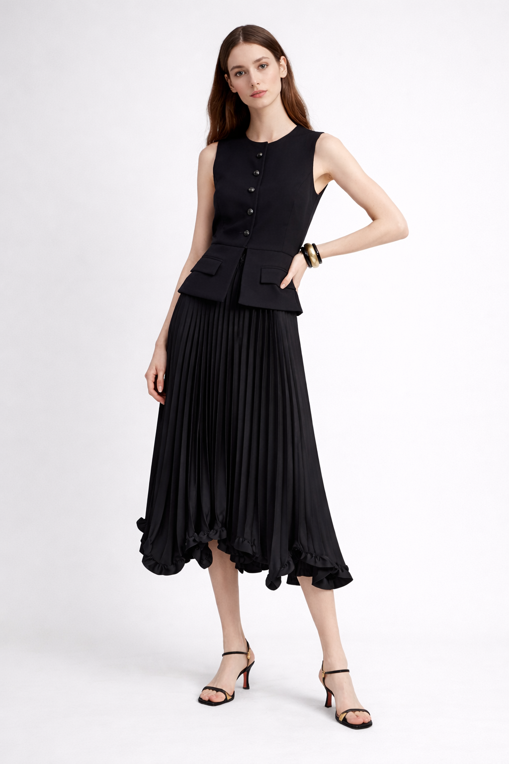 high-waist pleated midi skirt with ruffled hem – FLOW