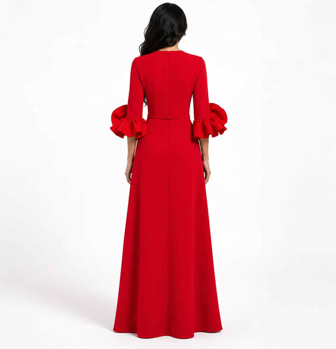 belted maxi dress with organza ruffle cuffs – NAVELLA