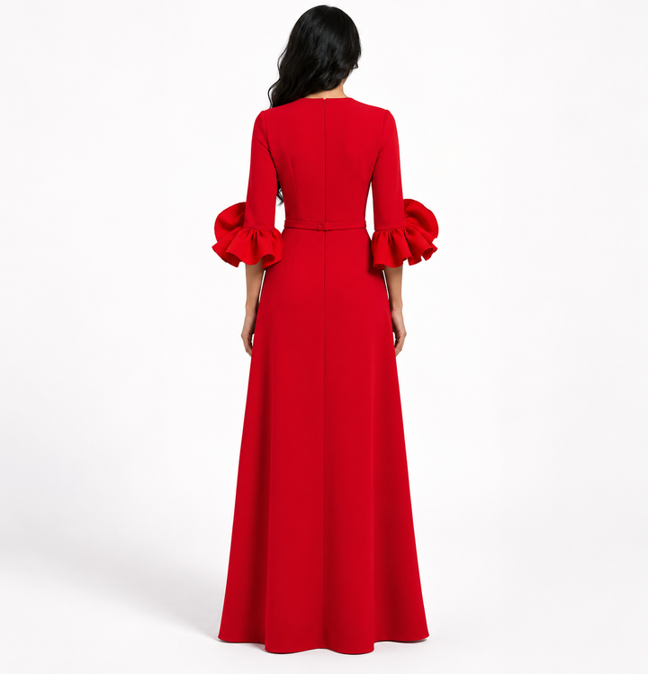 belted maxi dress with organza ruffle cuffs – NAVELLA