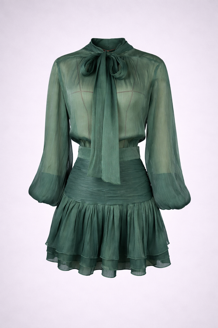 Elegant Green Sheer Bow Mini Dress-RENAL