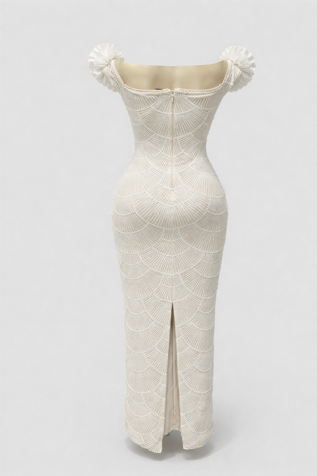 off-shoulder fitted maxi dress with pearl scallop embellishments and floral neckline – IVORY