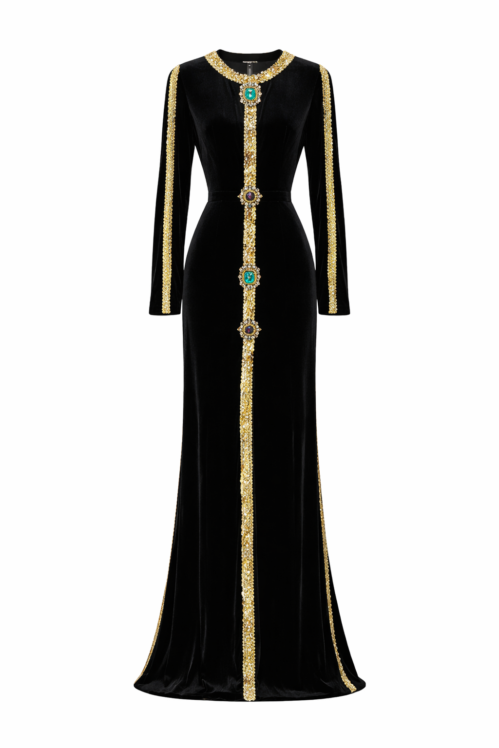 long sleeve velvet maxi dress with embellished trim – NOIRAH