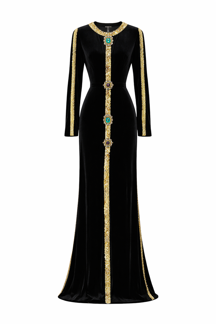 long sleeve velvet maxi dress with embellished trim – NOIRAH