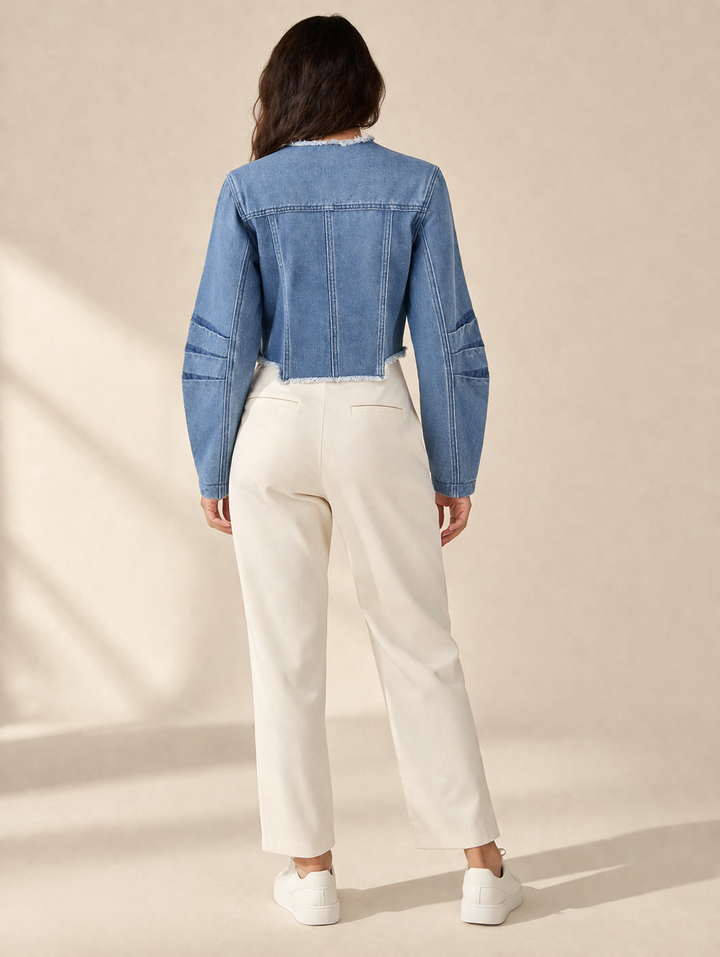 cropped denim jacket with raw edge detailing – URBAN