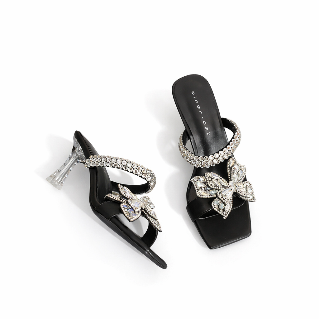 crystal bow heeled sandals with rhinestone strap – GLACIA