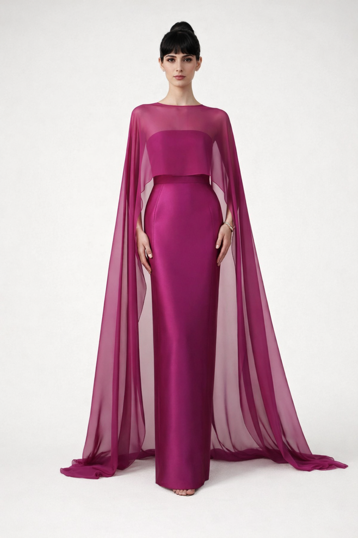 strapless column gown with sheer cape overlay – FUCHSIA