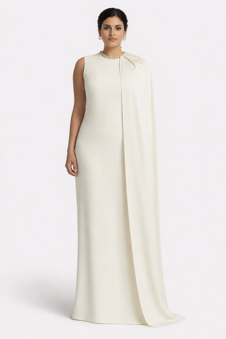 sleeveless cape gown with crystal neckline – IVORS-1