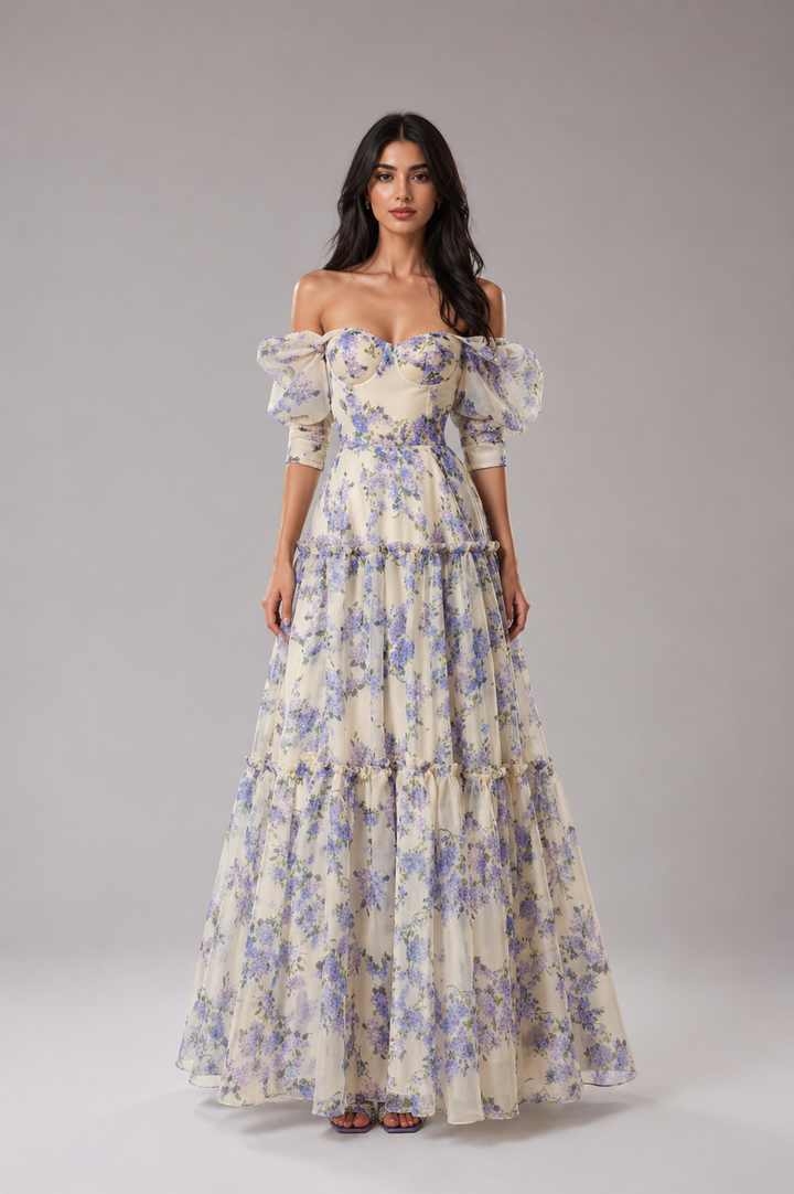 Off-Shoulder Floral Organza Maxi Dress - FLORÉA