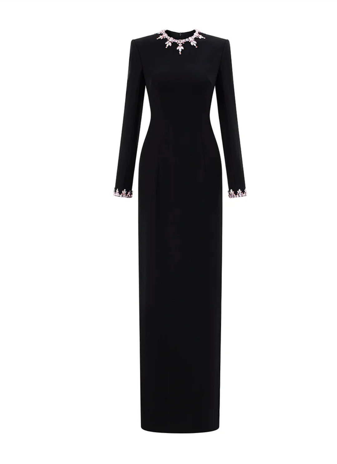 long sleeve column maxi dress with crystal neckline detail – NOIRÉ