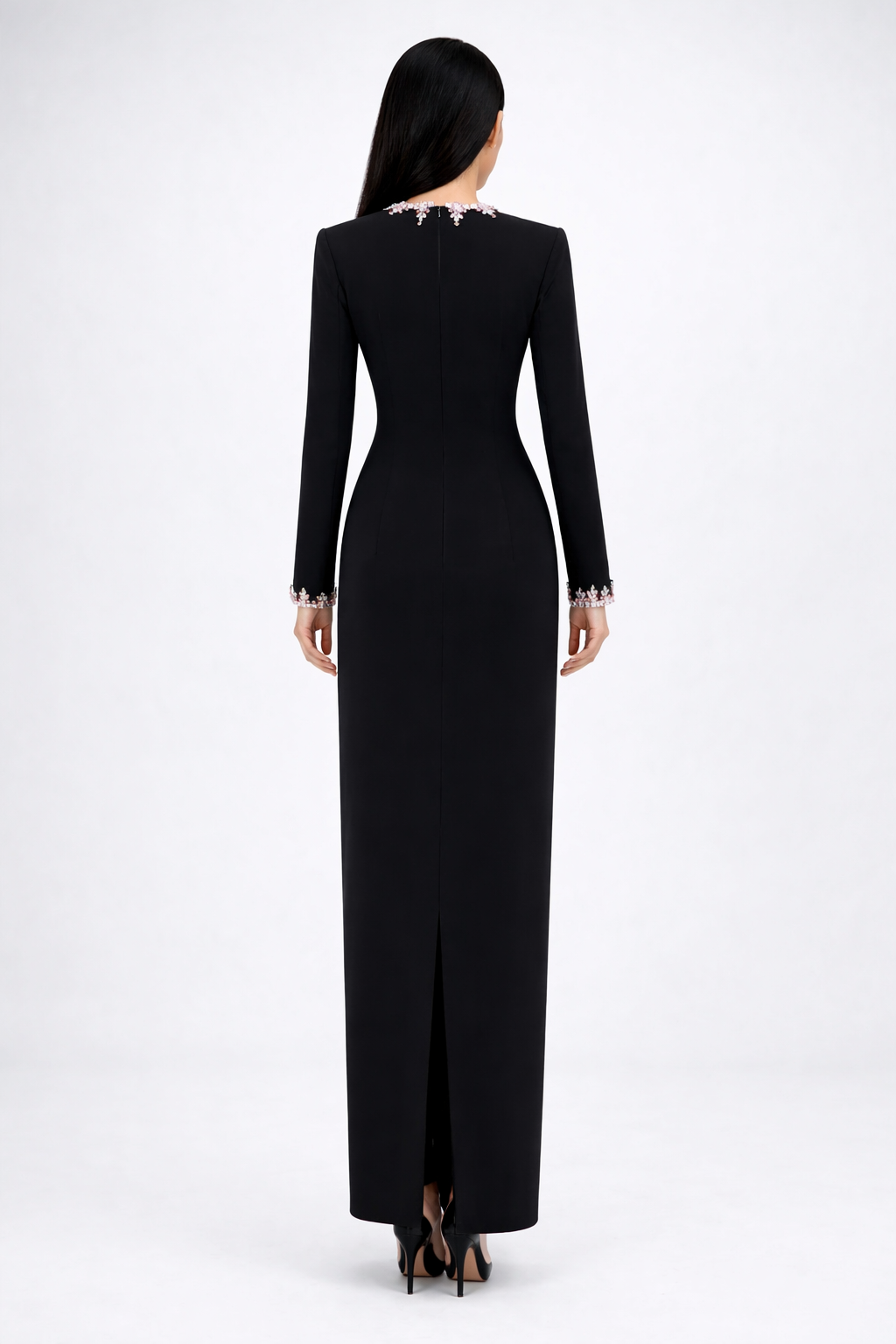long sleeve column maxi dress with crystal neckline detail – NOIRÉ