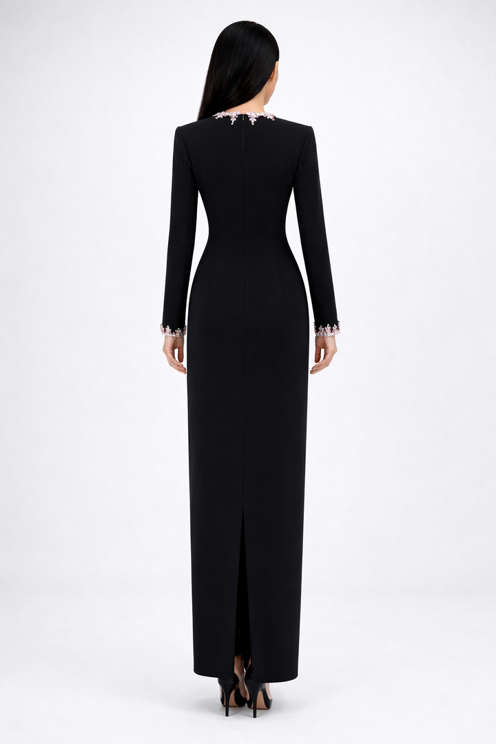 long sleeve column maxi dress with crystal neckline detail – NOIRÉ