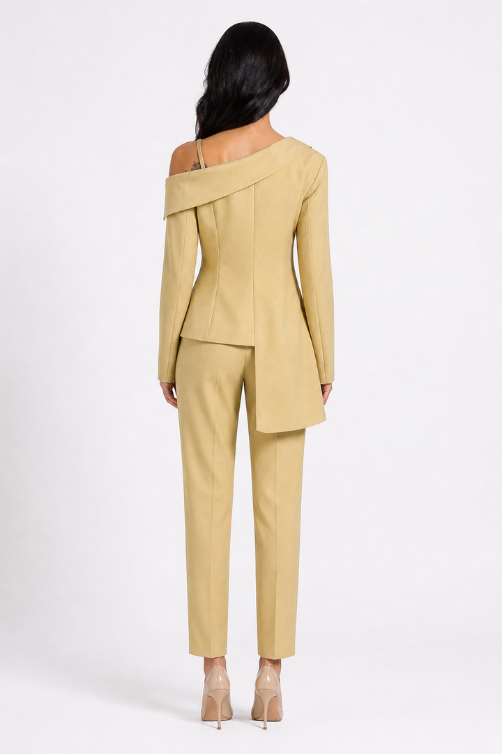 Asymmetric One-Shoulder Blazer Top with Lace Detail – SAND