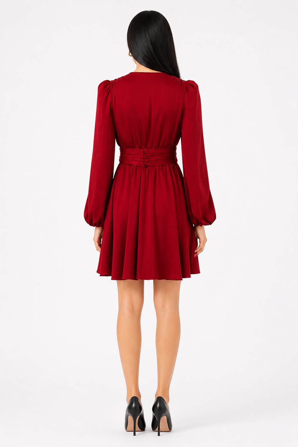 Red V-Neck Pleated Waist Mini Dress – ROSÉVA