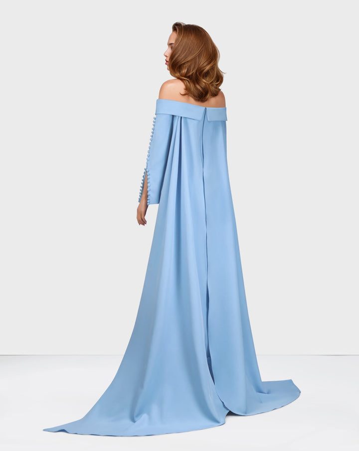 Strapless long sleeve blue dress with 3D flowers - ODD-Bolee