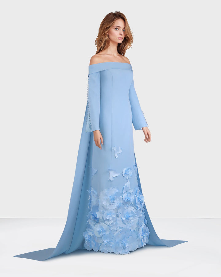 Strapless long sleeve blue dress with 3D flowers - ODD-Bolee