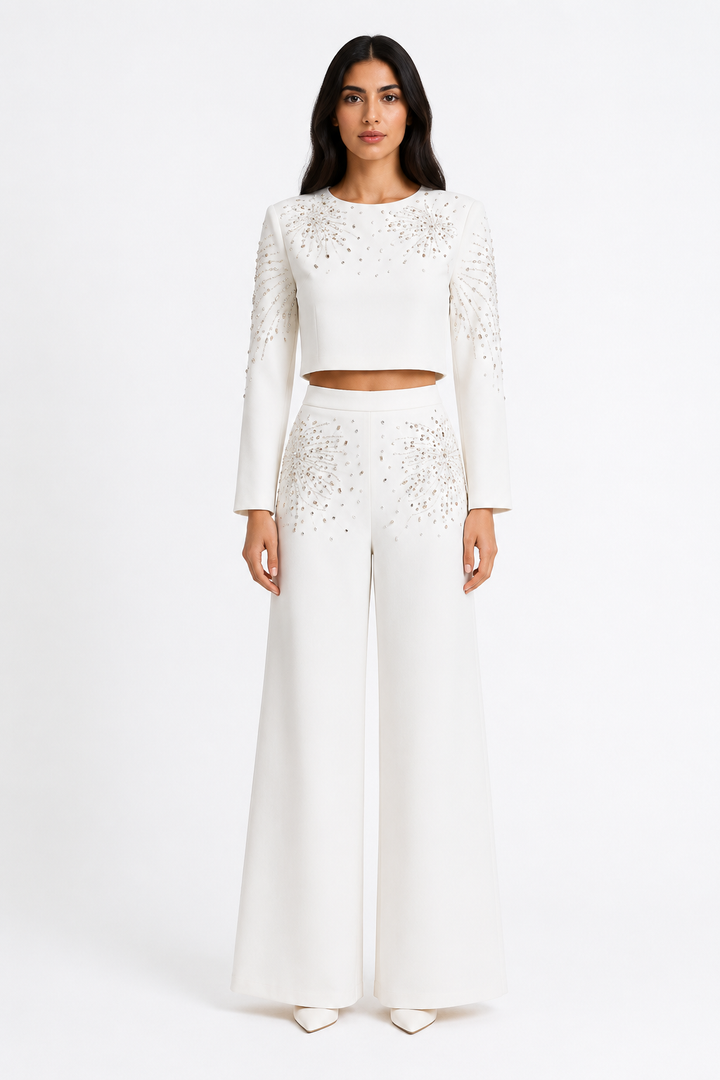 Black Crystal Embellished Crop Top & Wide-Leg Pants Set – LUXÉRA