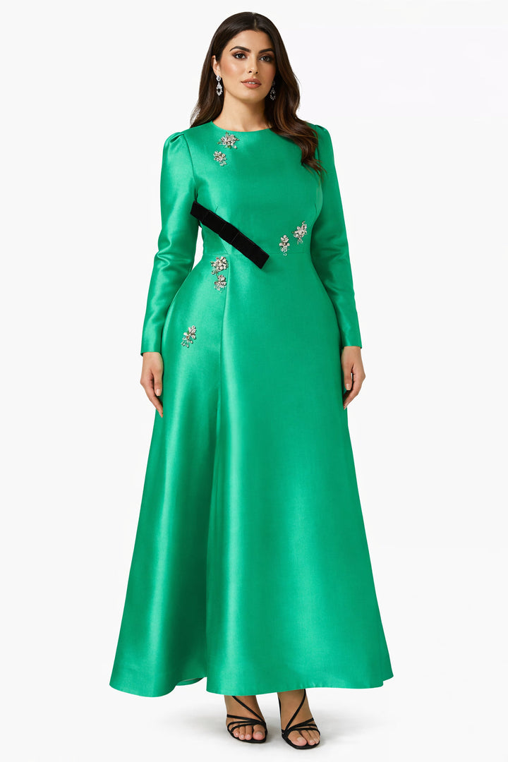 embellished satin gown with contrast belt – Rolien-1