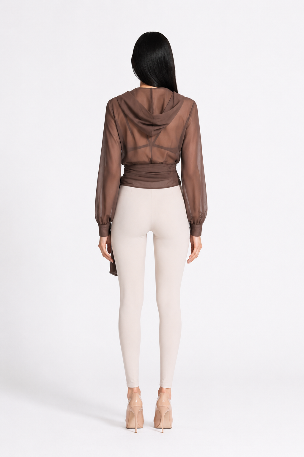 Sheer Wrap Tie Waist Blouse with Hood Detail – MOCHA