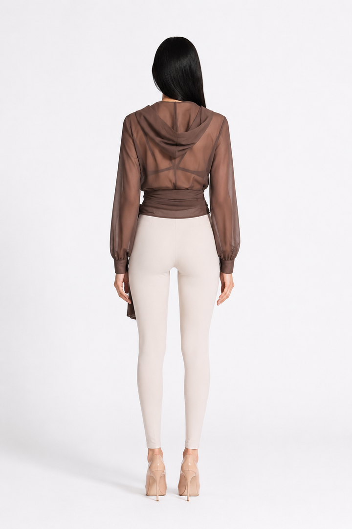 Sheer Wrap Tie Waist Blouse with Hood Detail – MOCHA