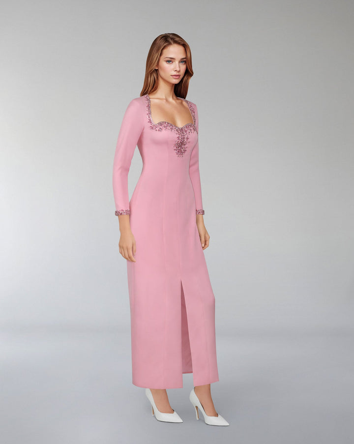 Beaded hearth neckline dress with front slit ODD-Lordin