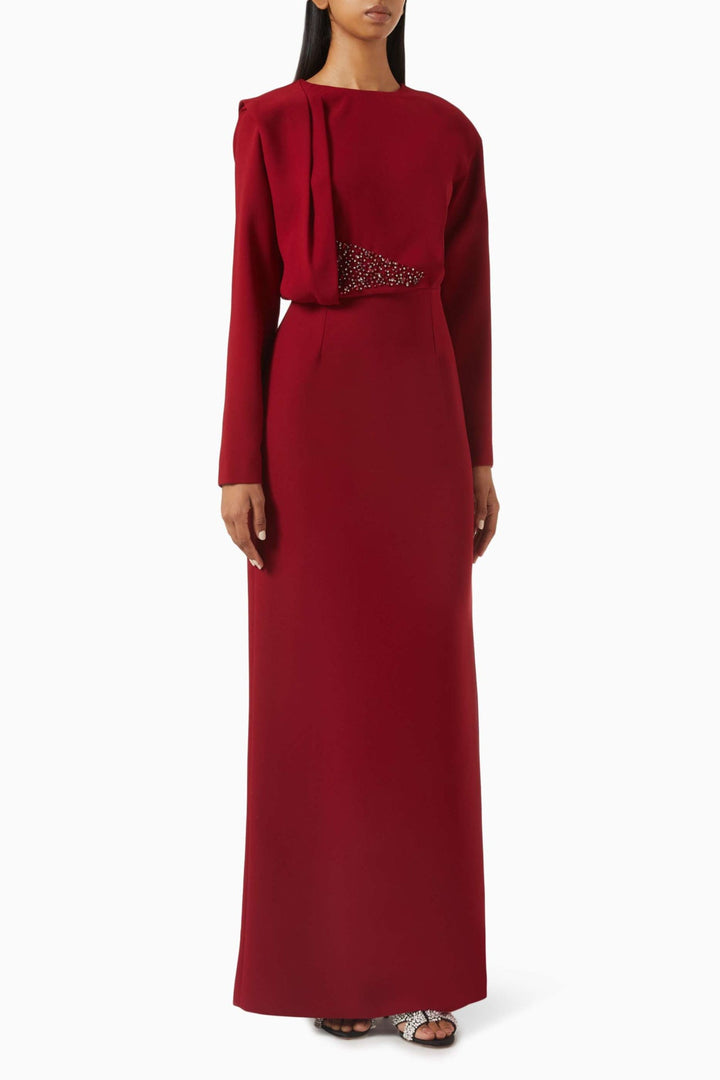 Draped long-sleeve gown with embellished waist – RUBINA
