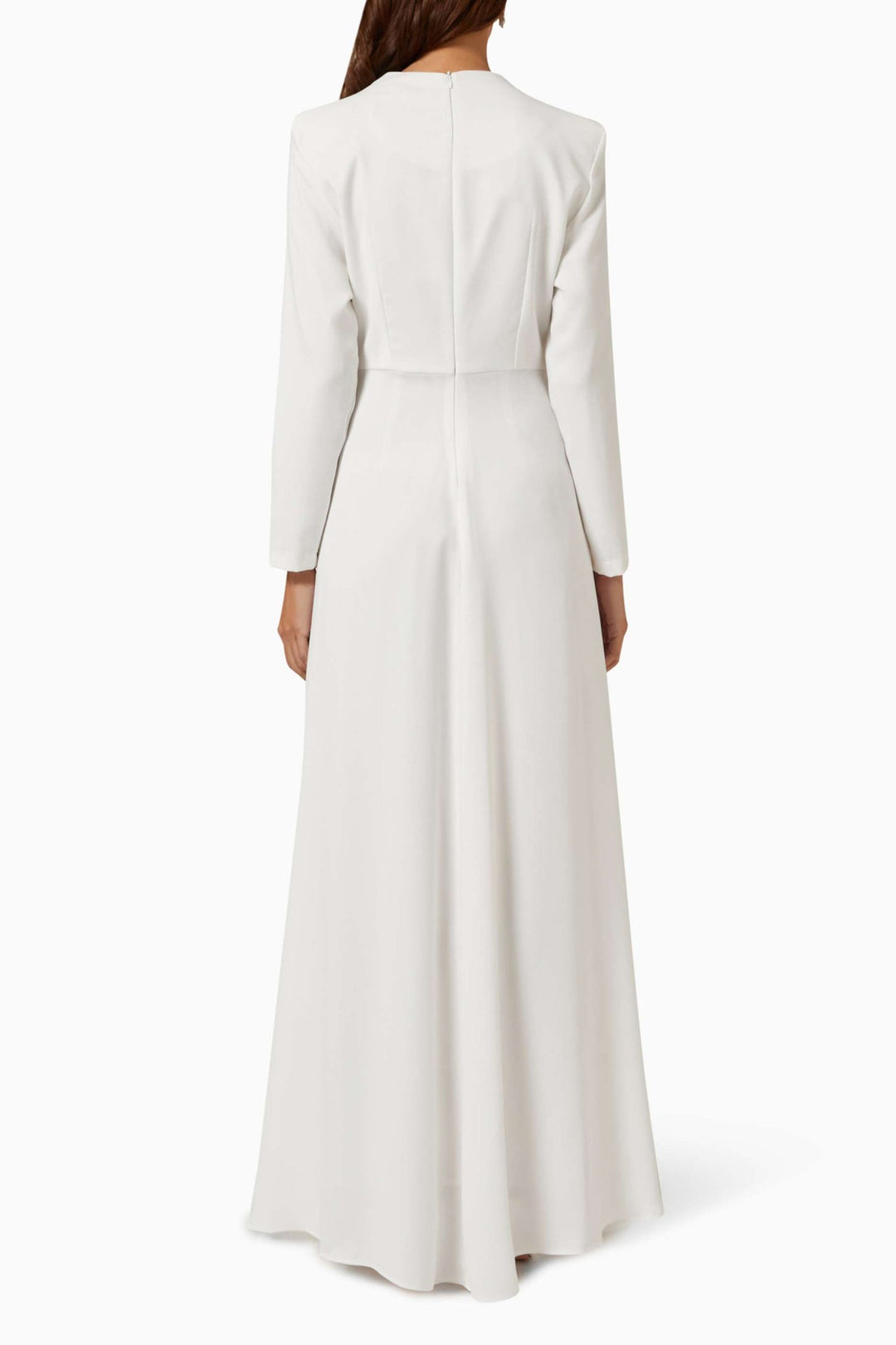 long-sleeve gown with embellished illusion neckline & draped sash – RHEA
