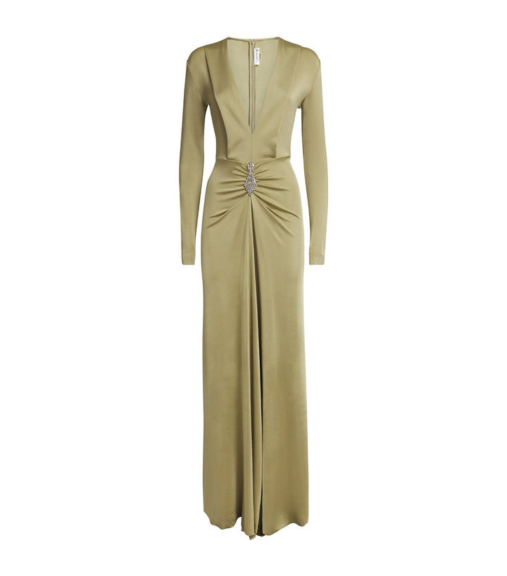 Deep V-neck draped gown with crystal embellishment – OLIVETTE