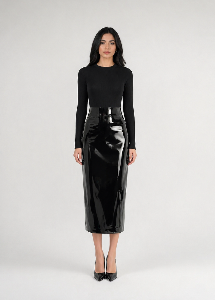 Black Glossy High-Waist Pencil Skirt – LUXORA