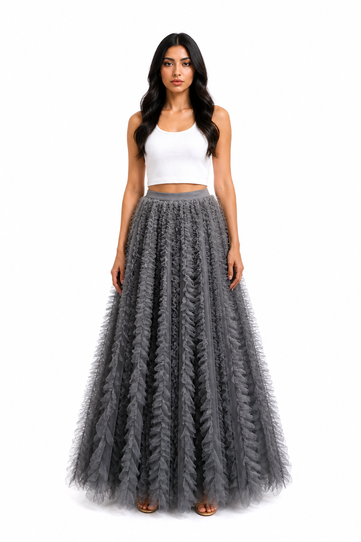 Beige Ruffled Tulle Maxi Skirt – AURÉLIA