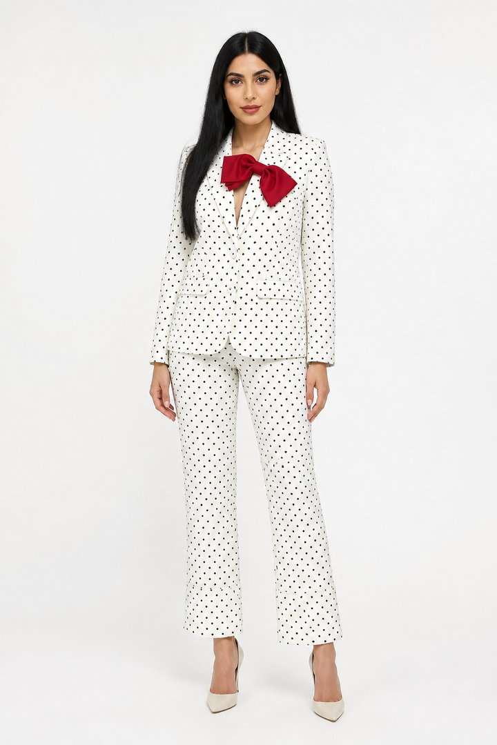 Black Polka Dot Blazer & Tailored Pants Set with Statement Bow – VÉLORA