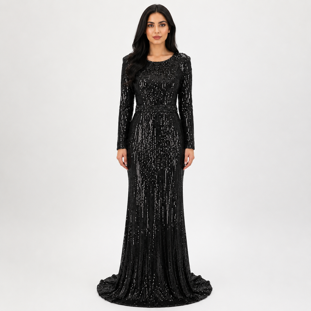 Long sleeve column dress with sequined embellishments - Jinwy
