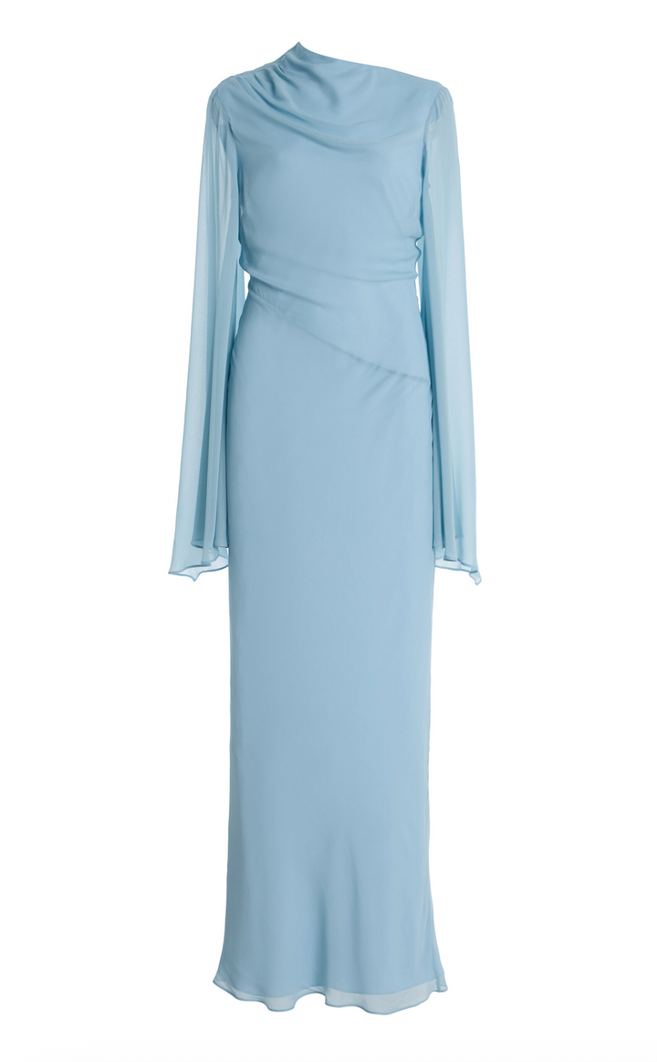 sheer sleeve column dress with draped neckline – SKY