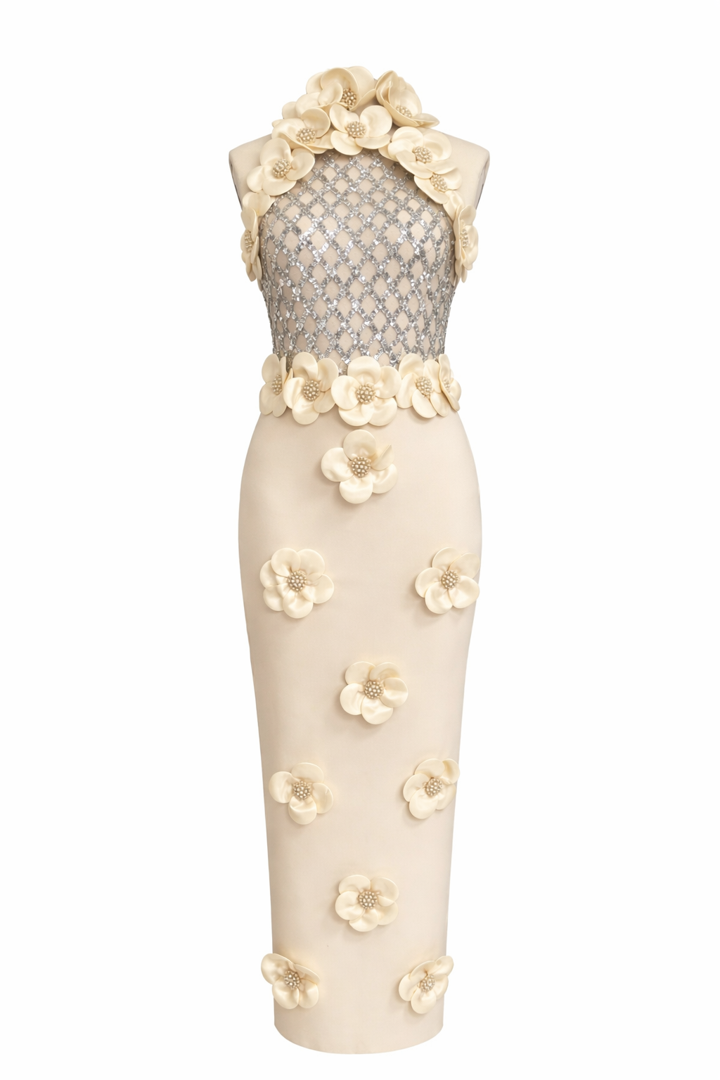 sleeveless fitted midi dress with 3D floral appliqué and sequined bodice – BLOSSOM