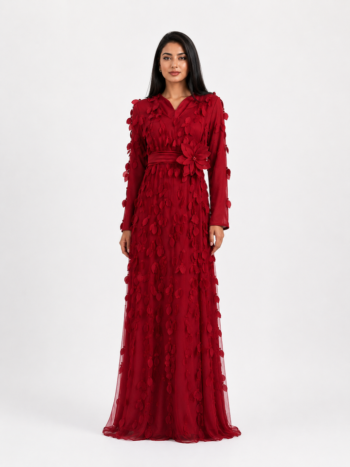 Red 3D Floral Embellished Waist Tie Maxi Dress – VALÉRA