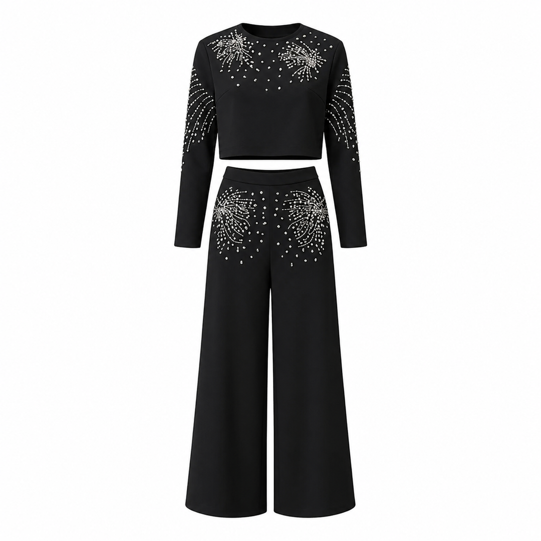 Black Crystal Embellished Crop Top & Wide-Leg Pants Set – LUXÉRA