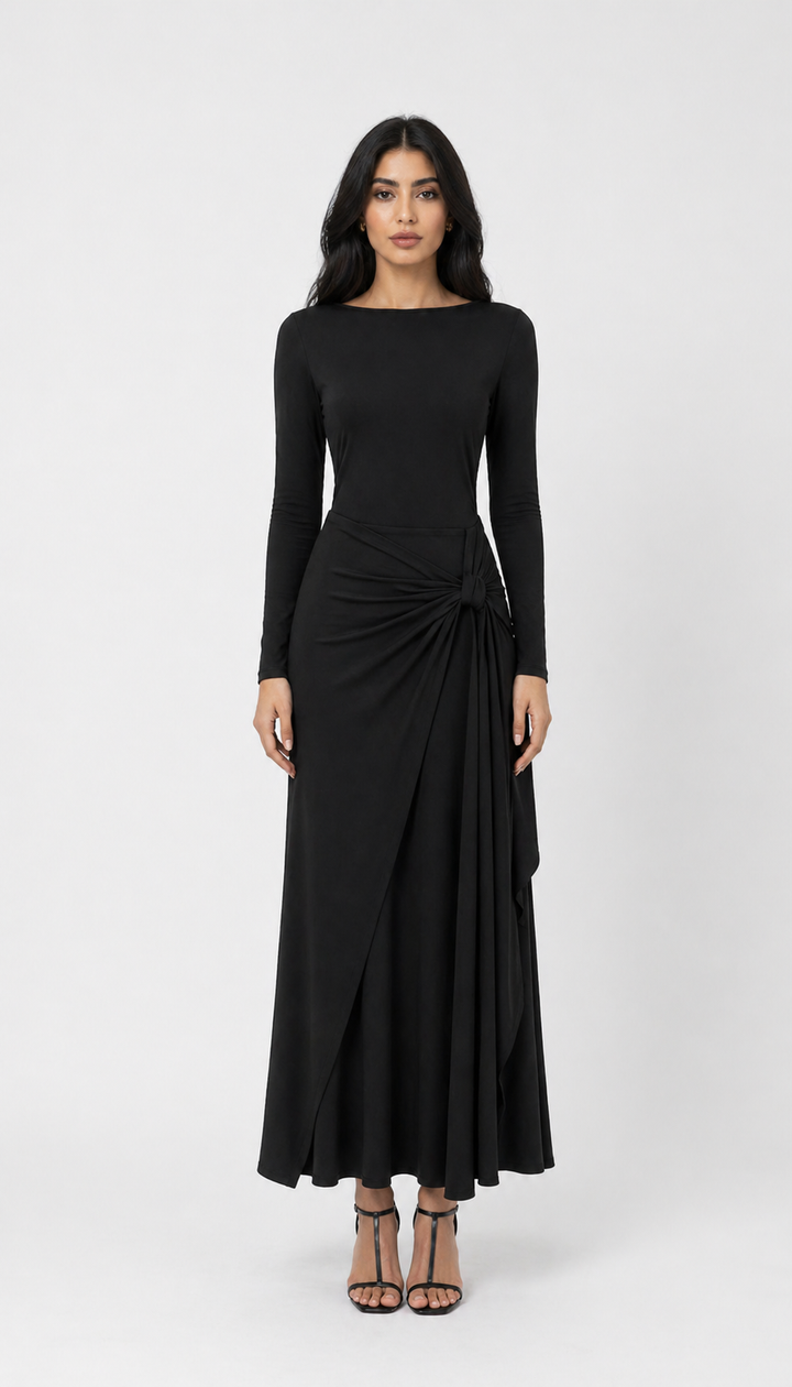 Burgundy Draped Knot Maxi Dress-VELORA