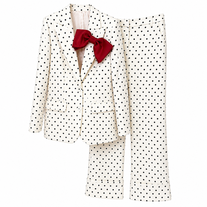 Black Polka Dot Blazer & Tailored Pants Set with Statement Bow – VÉLORA