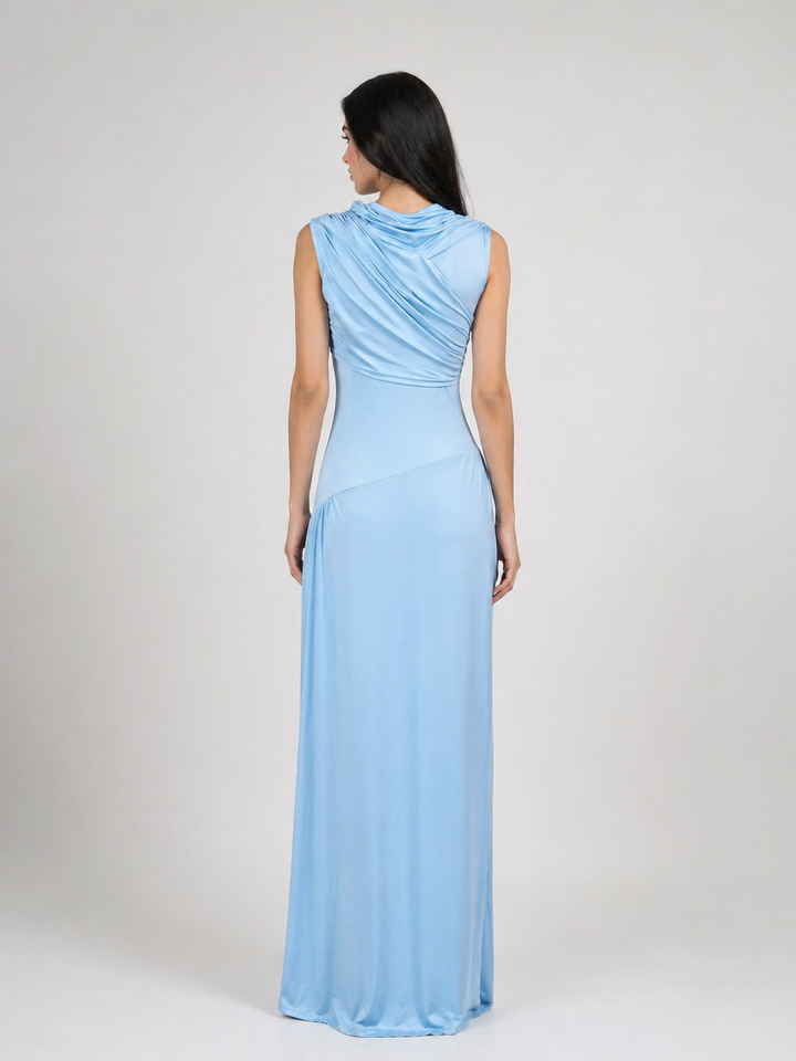 Sky Blue One-Shoulder Draped Maxi Dress - AZURIA