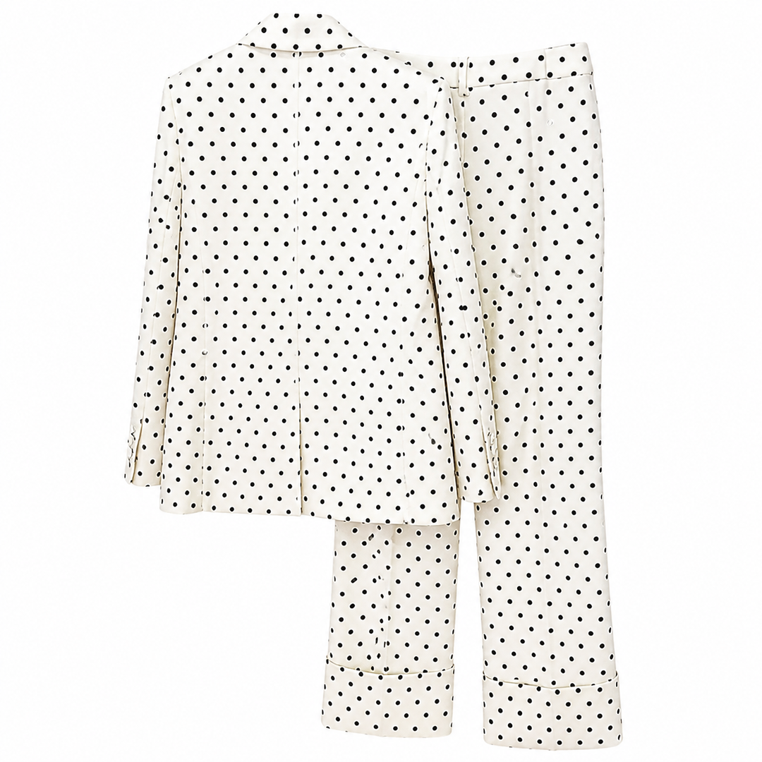 Black Polka Dot Blazer & Tailored Pants Set with Statement Bow – VÉLORA