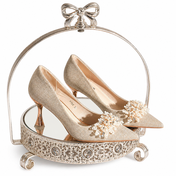 Champagne Glitter Pointed-Toe Heels with Pearl Embellishment – ÉLARA