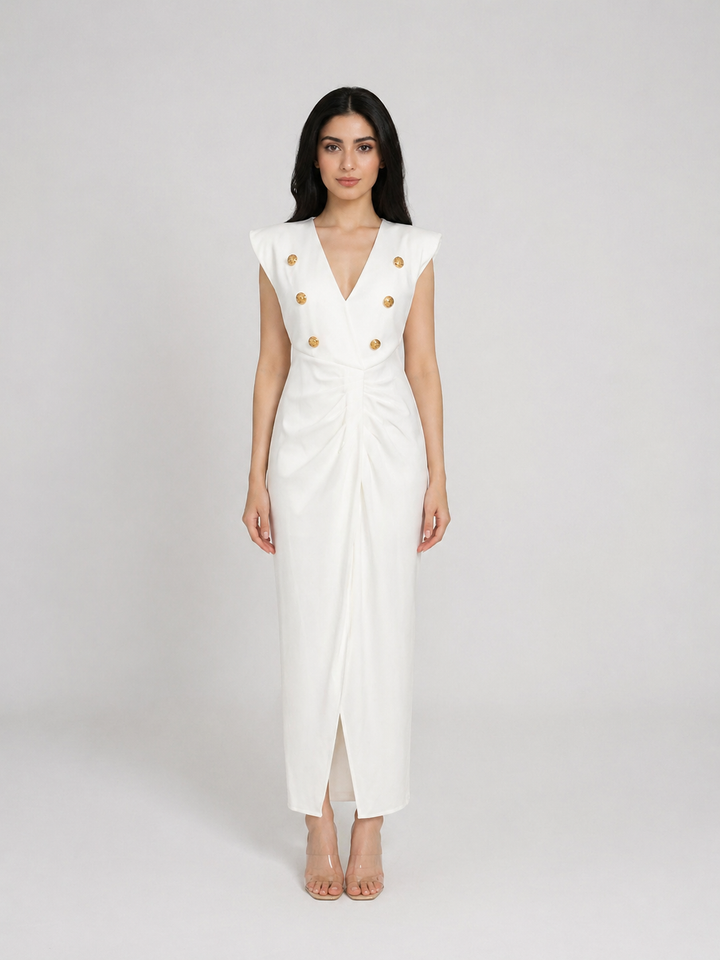 Black Double-Breasted Draped Midi Dress - NOIRÉA
